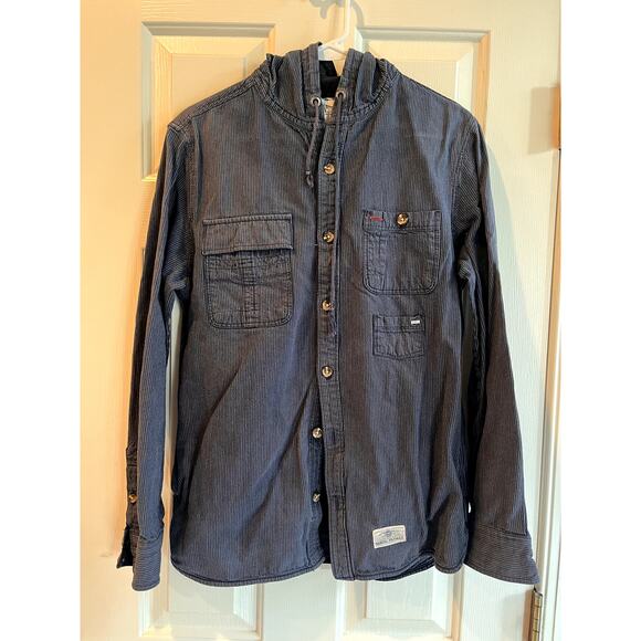 Vans sz Small Mens denim shirt jacket hoodie adult ticking stripe - Picture 1 of 6